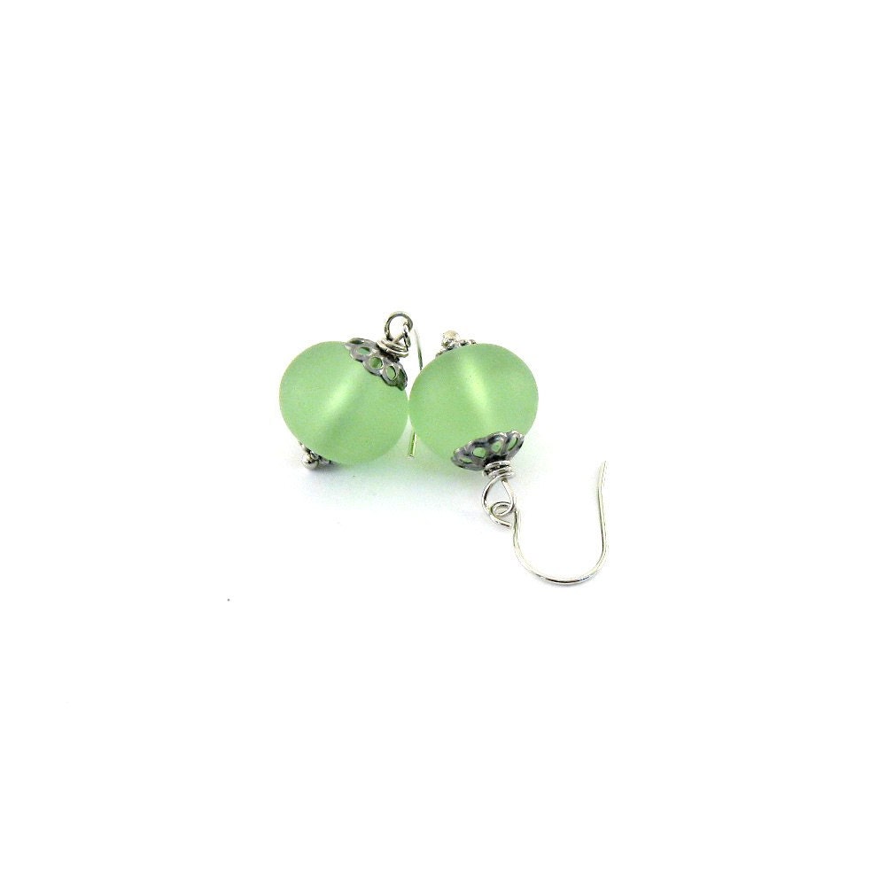 Light Green Earrings Sea Glass Rondelles Silver Beaded Wire Drop