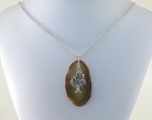 Agate Slab Necklace Tree of Life Silver Gold Brown Oval Chain Beaded Light Topaz Bicone