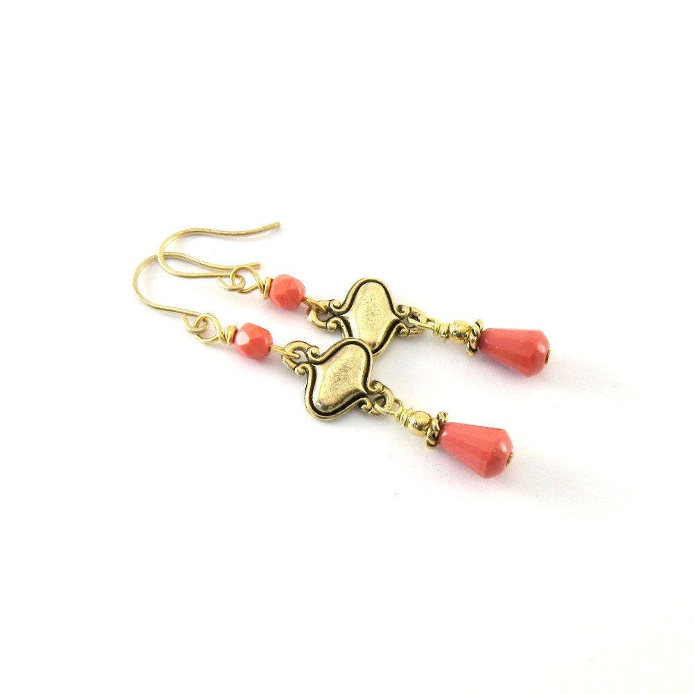Coral Teardrop Earrings Gold Antique Gold Long Beaded Wire