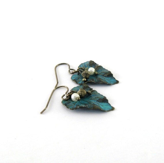 Brass Leaf Earrings Verdigris Wavy Leaf White Pearl Antique Brass Vintaj Beaded Wire