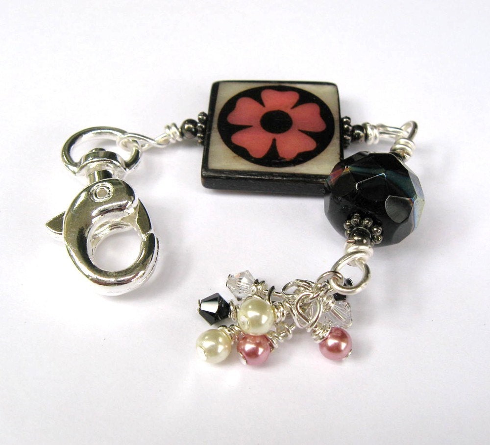 Square Funky Bone With Pink Flower Purse Charm