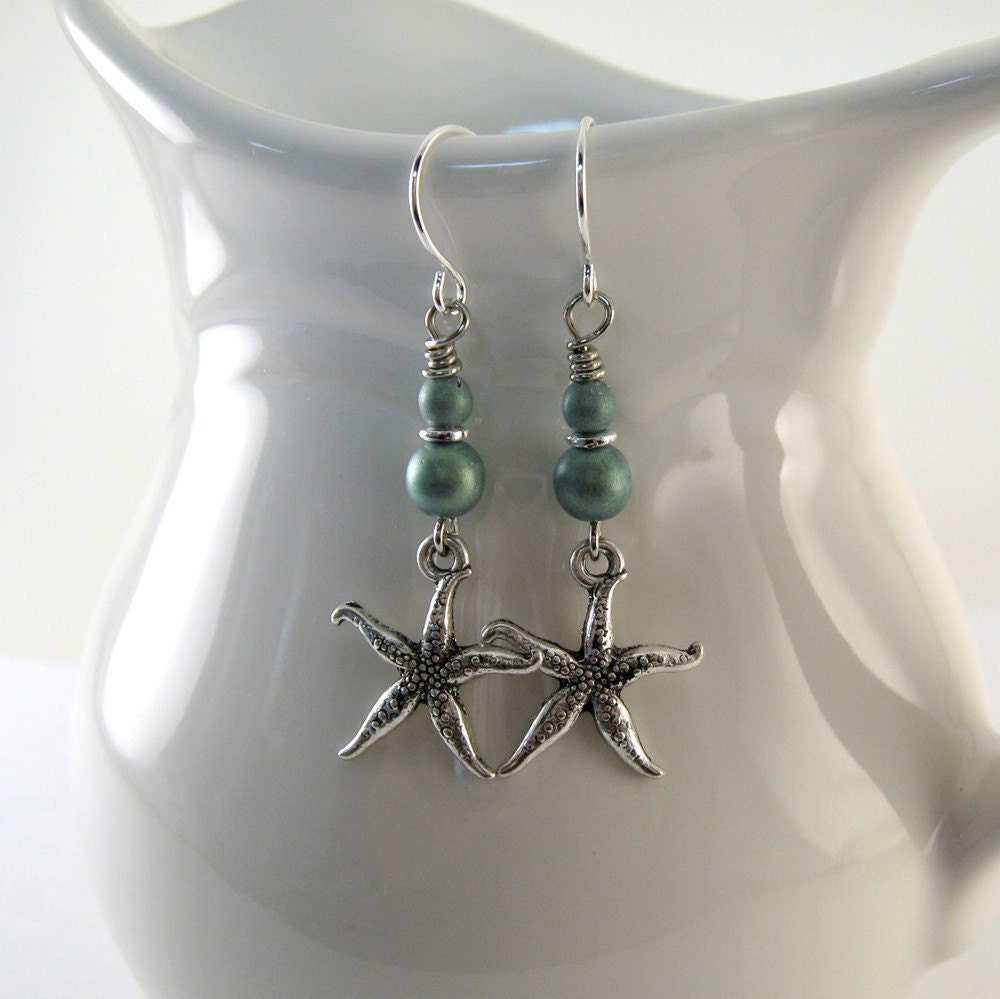 Turquoise Starfish Earrings Silver Beaded Long Wire