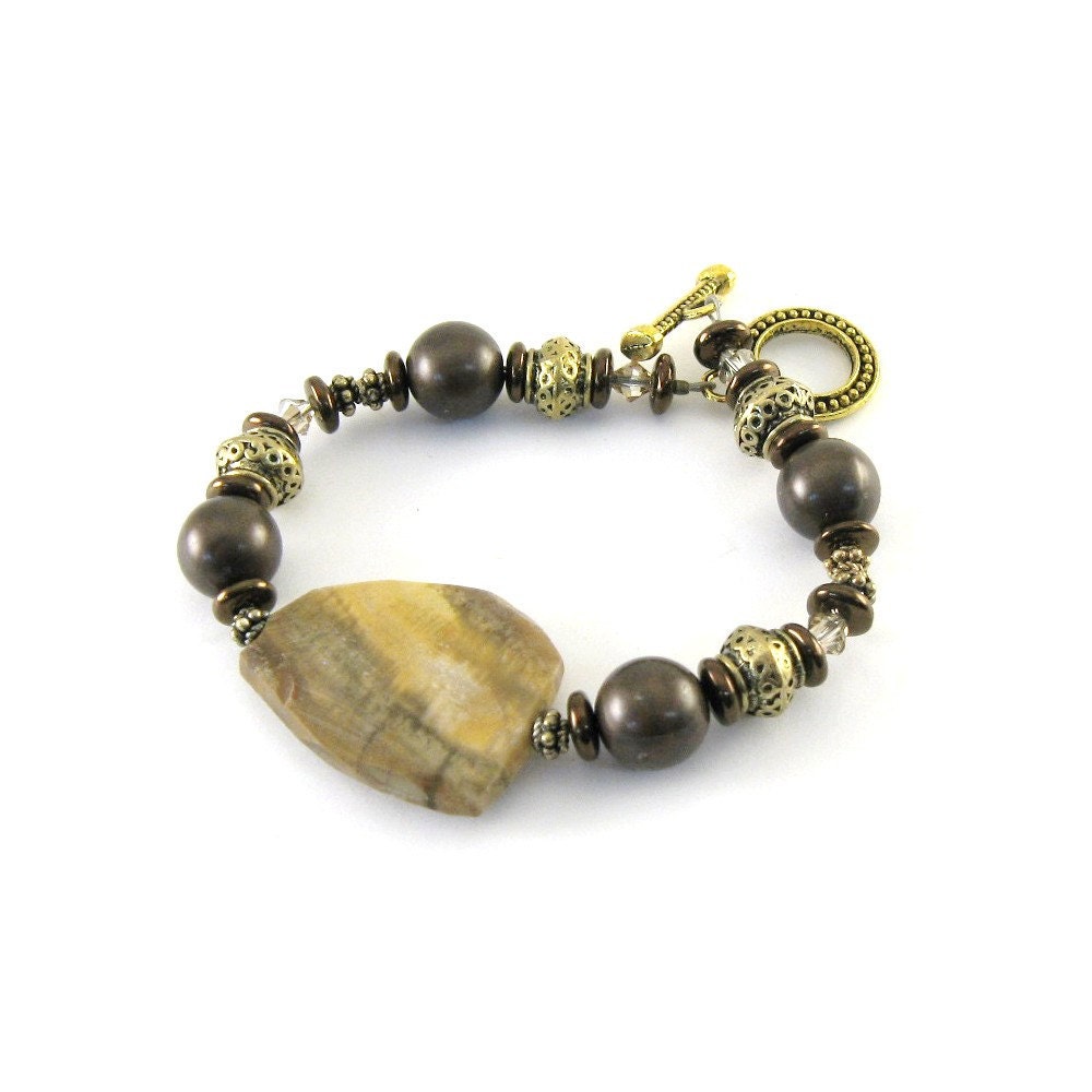 Bronze Beaded Bracelet Earthy Petrified Wood Bronze  Rondelles Swarovski Bicones Antique Gold Handmade Beaded