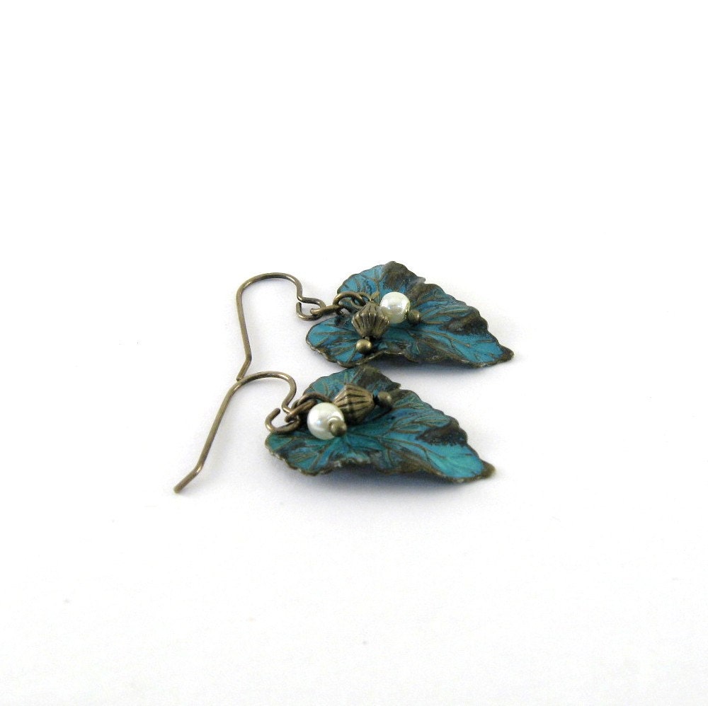 Brass Leaf Earrings Verdigris Wavy Leaf White Pearl Antique Brass Vintaj Beaded Wire