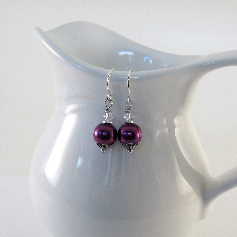 Wine Pearl Earrings Glass Pearl Swarovski Bicone Wire Wrapped Beaded Wire Drop