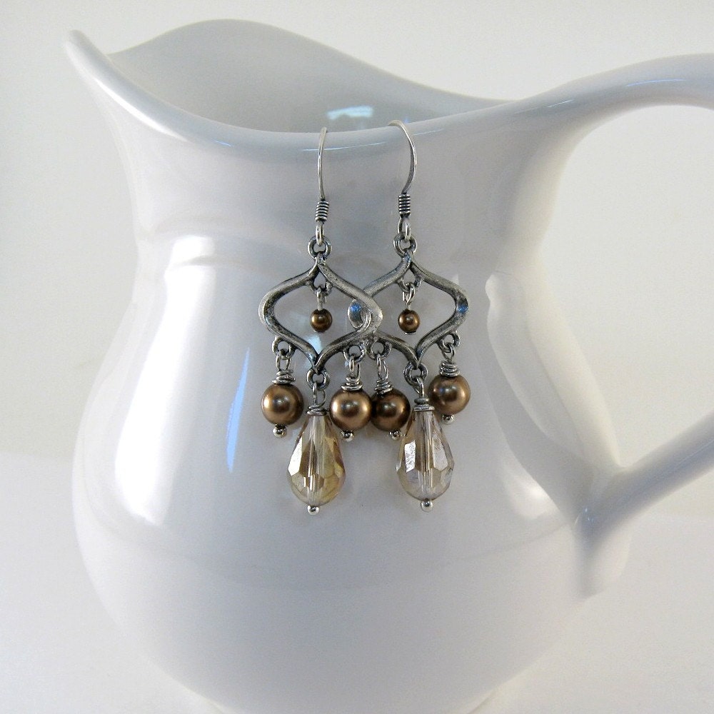 Pearl Chandelier Earrings Silver Bronze Topaz Teardrop Beaded Wire