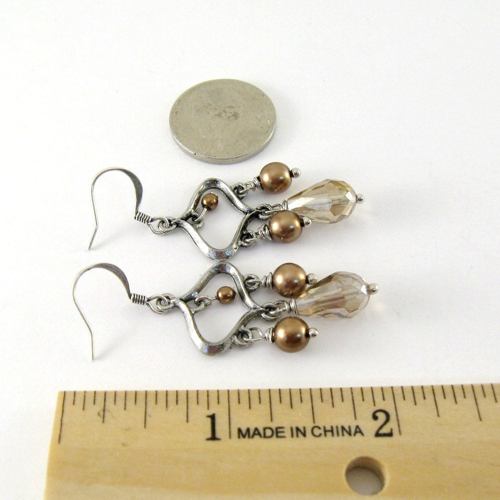 Pearl Chandelier Earrings Silver Bronze Topaz Teardrop Beaded Wire