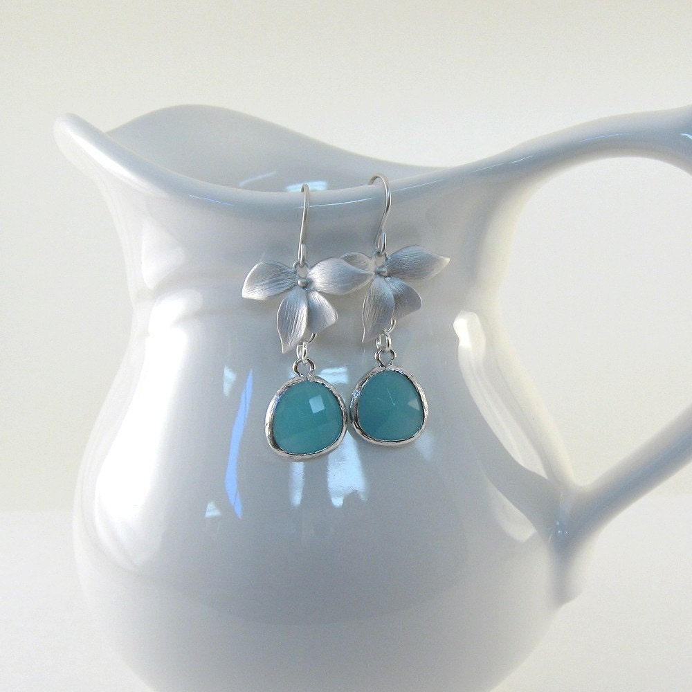 Orchid Blue Earrings Matte Silver Faceted Mint Opal Blue Wedding Dangle Wire Earrings