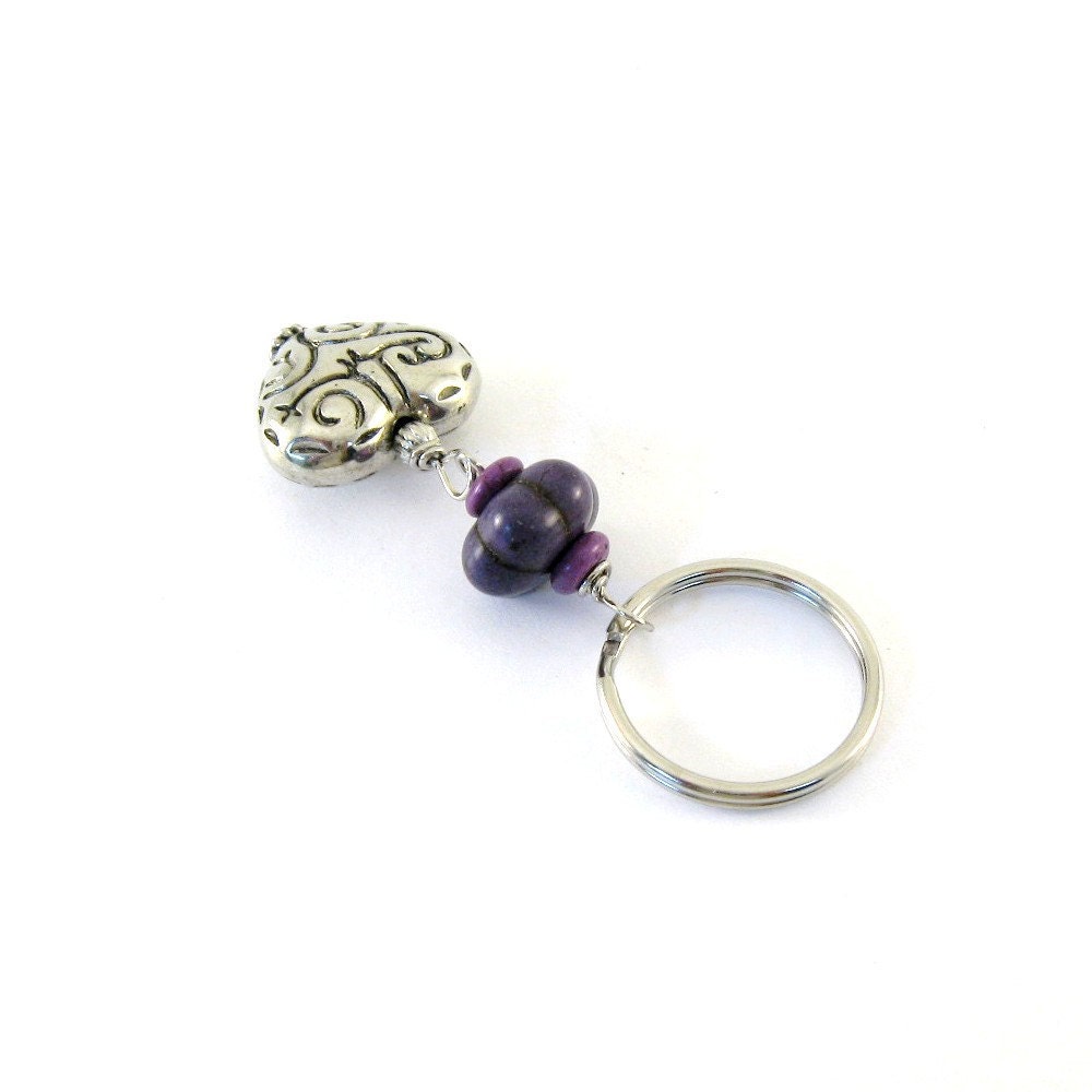 Purple Heart Keychain Silver Puffy Etched Heart Purple Magnesite Beaded