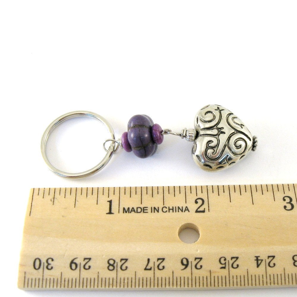 Purple Heart Keychain Silver Puffy Etched Heart Purple Magnesite Beaded