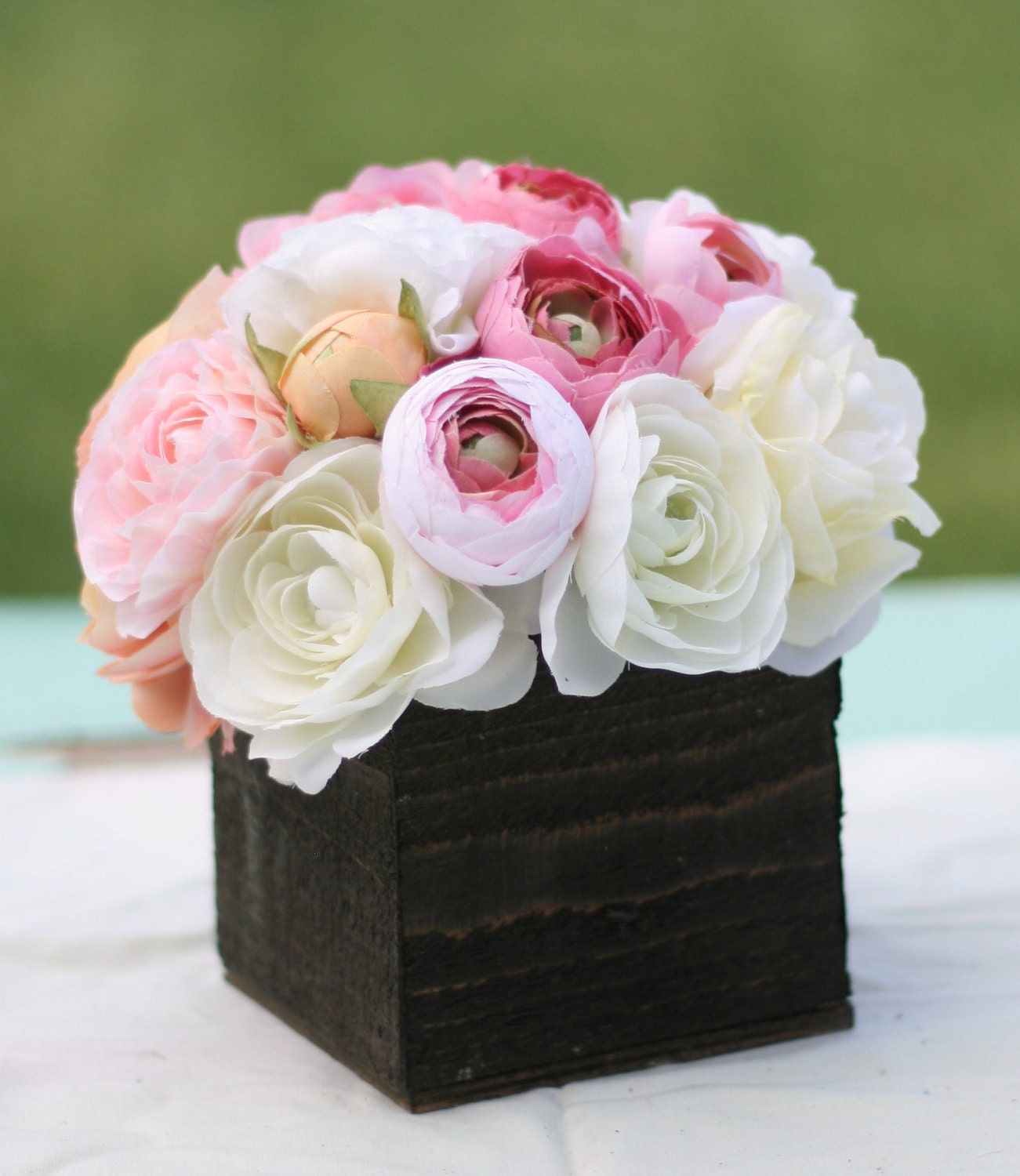 Custom Rustic Woodland Roses Ranunculus You Pick The Flowers  Barn Wood Style Planter Vases with Centerpiece Arrangements
