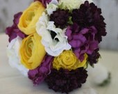 Silk Bride Bouquet Purple and Yellow Shabby Chic Rustic Wedding (item F10108)