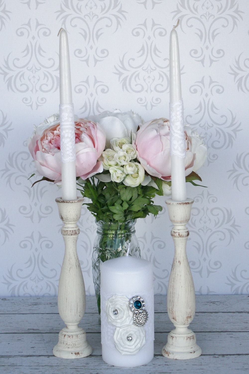 Wedding Unity Candle Set Shabby Chic Lace Decor (item C10017)