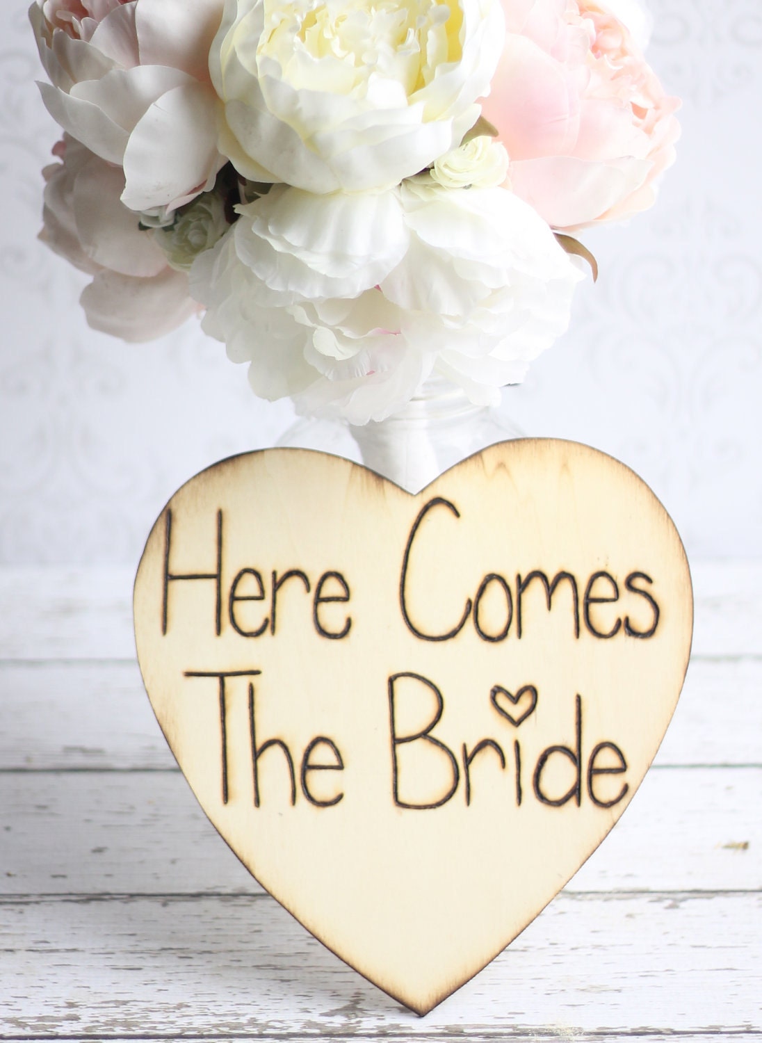 Here Comes The Bride Sign Just Married Flower Girl Double Sided Shabby Chic Wedding Decor Engraved Wood Heart