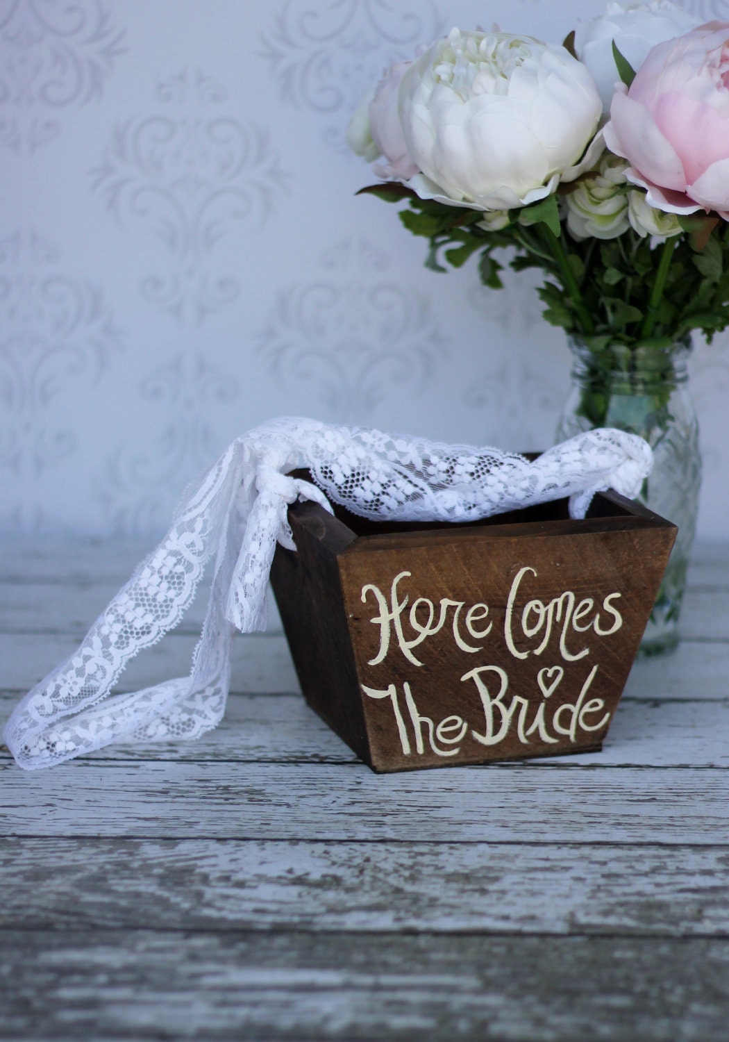 Flower Girl Basket Here Comes The Bride Sign Rustic Shabby Chic Wedding Decor