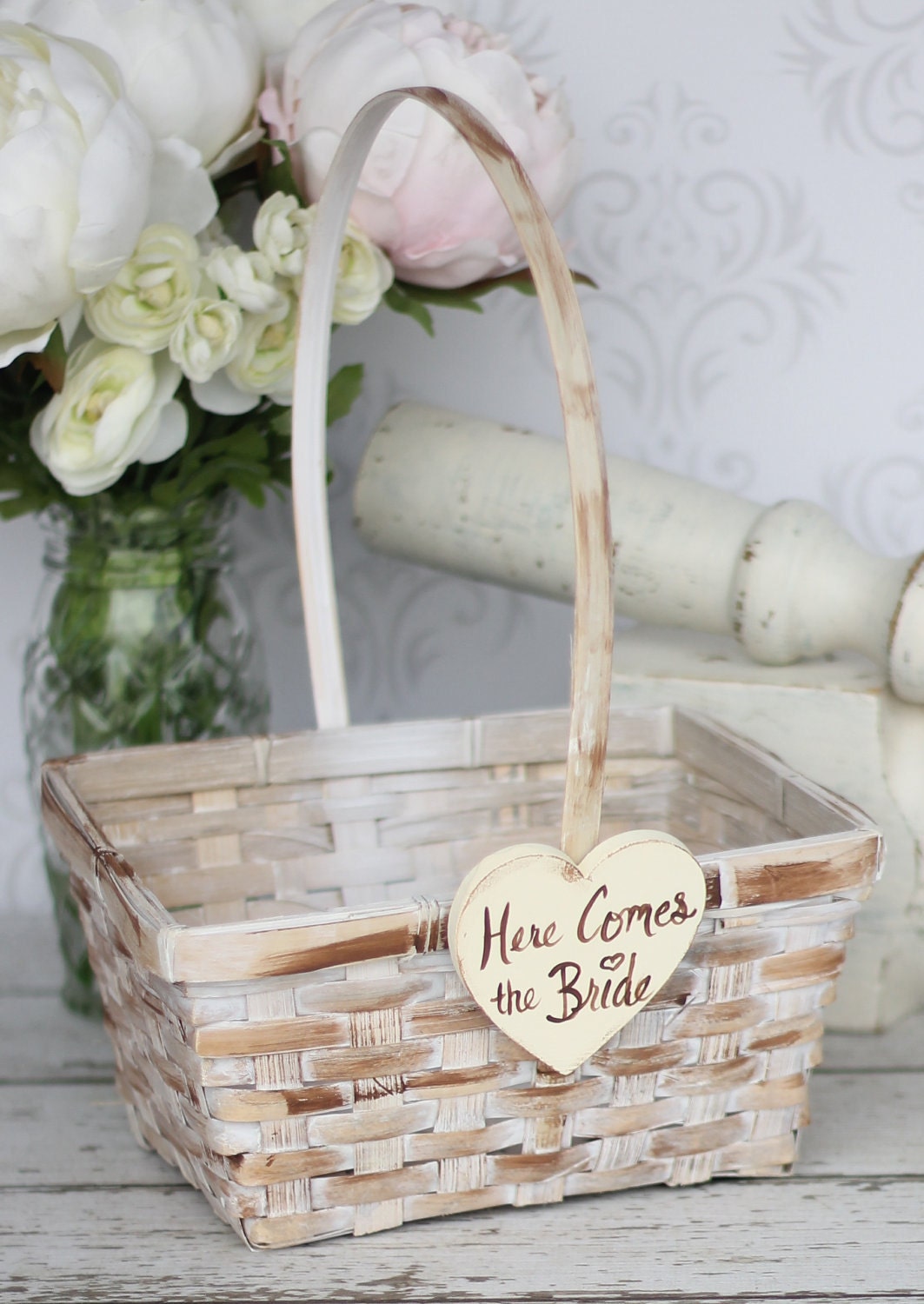 Shabby Chic Here Comes The Bride Flower Girl Basket Wedding Decor (item P10471)