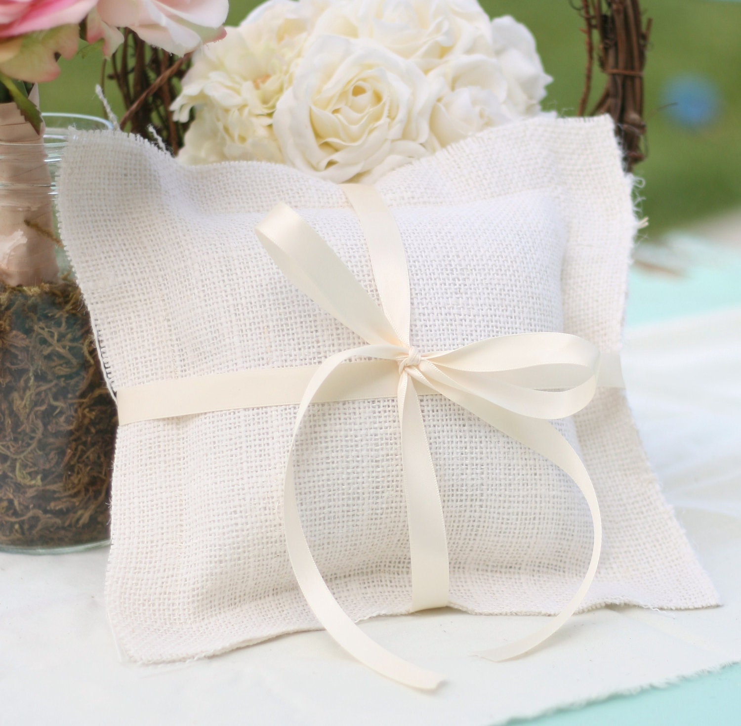 Shabby Chic Ring Bearer Pillow Rustic Burlap Vintage Inspired
