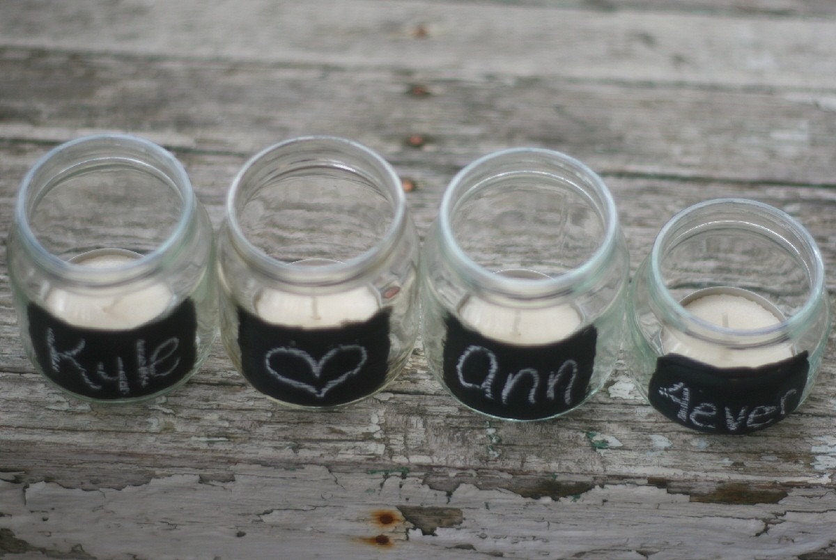Upcycled Glass Jars With Chalkboard Fronts Tea Light Candle  Holder Rustic Woodland Wedding