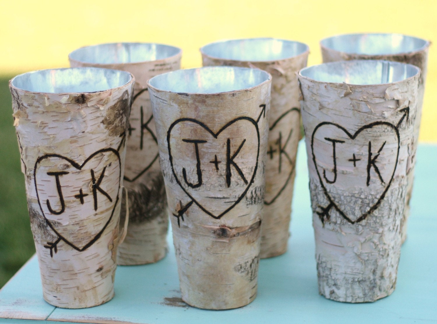Set of 6 Personalized Tall Birch Bark Wood Vases (item E10093)