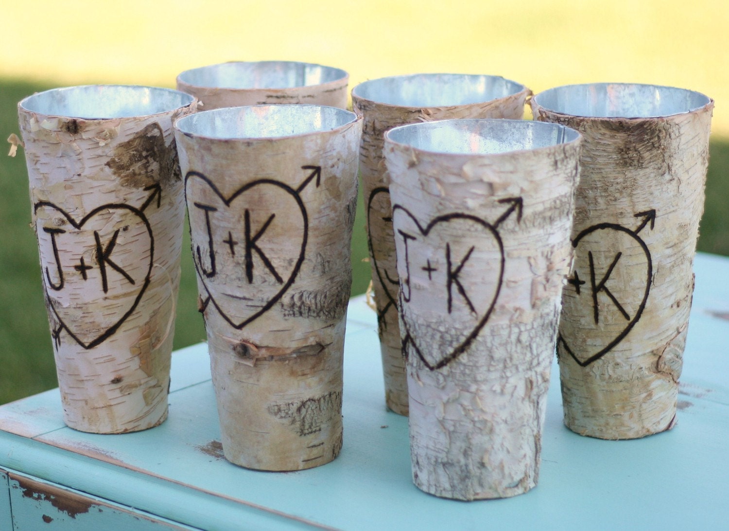 Set of 6 Personalized Tall Birch Bark Wood Vases (item E10093)