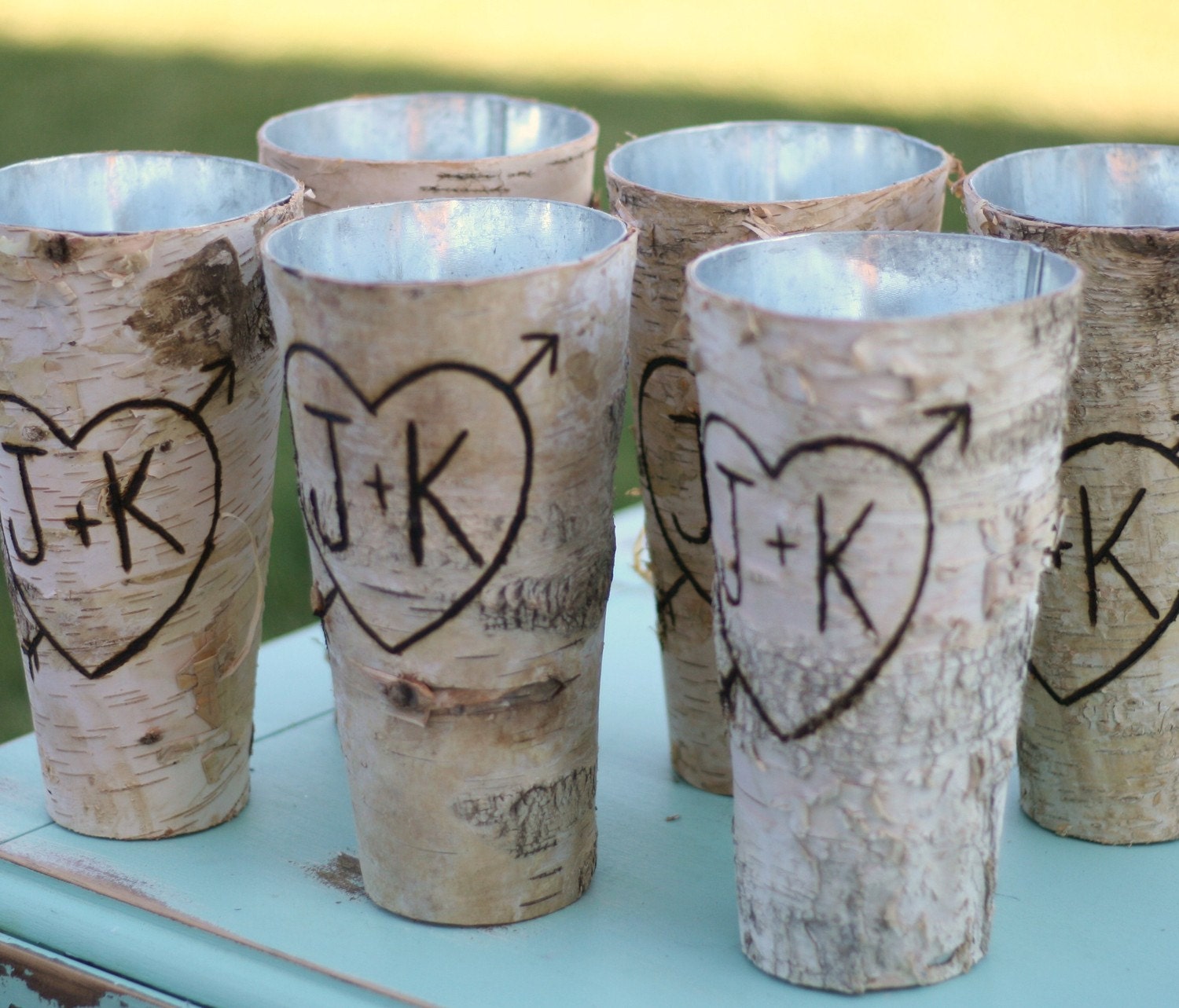 Set of 6 Personalized Tall Birch Bark Wood Vases (item E10093)