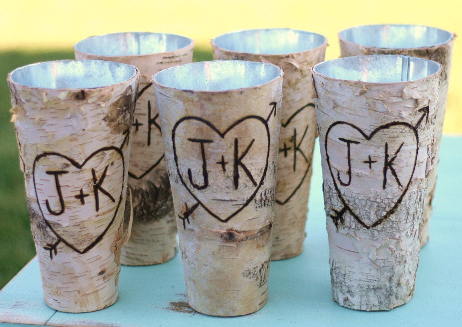 Set of 6 Personalized Tall Birch Bark Wood Vases (item E10093)