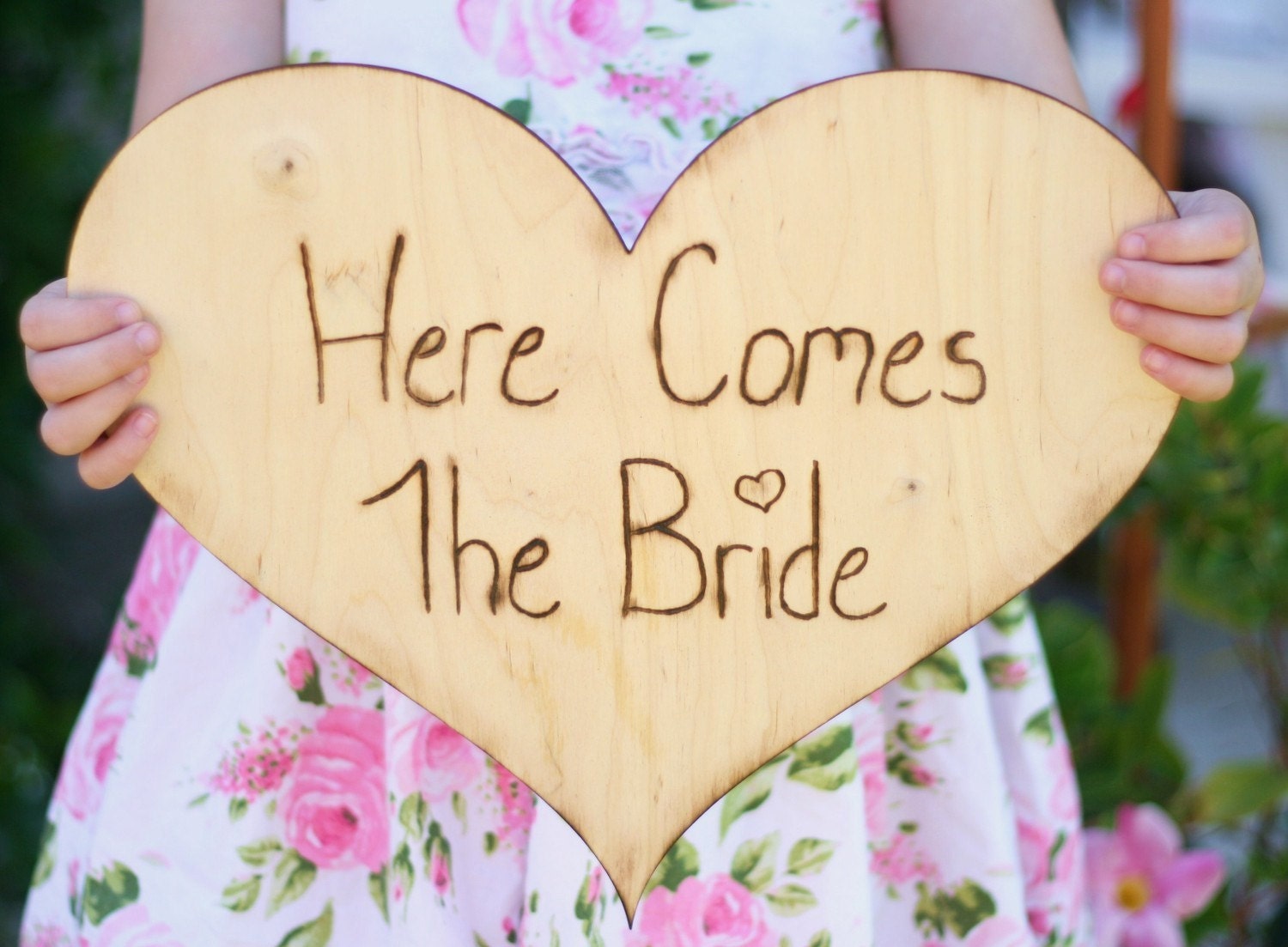 Here Comes The Bride Sign Rustic Engraved Wood Heart Vintage Shabby Chic Inspired FEATURED on StyleMePretty