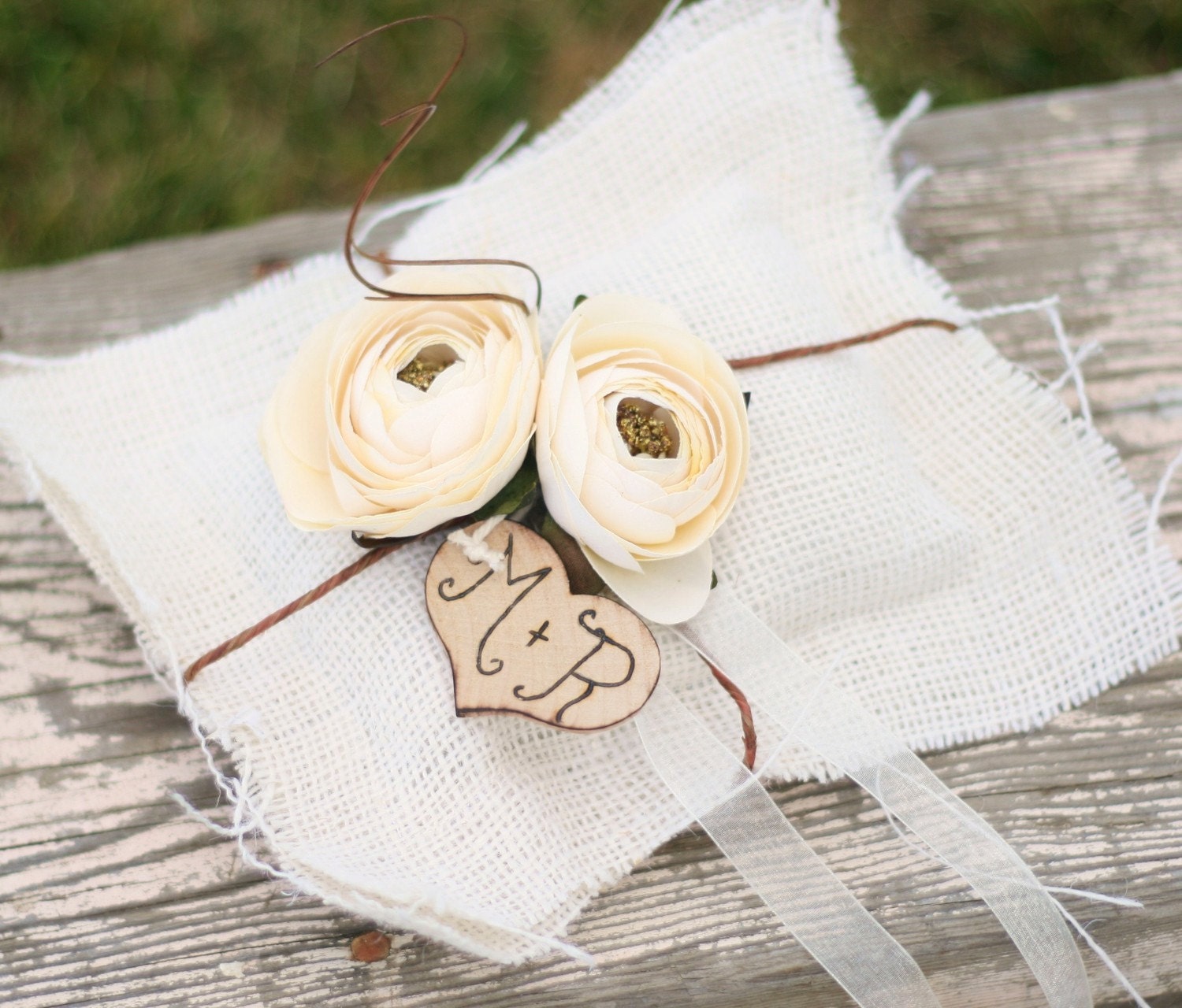Vintage Wedding Ring Pillow Burlap Pillow Personalized (item PI10077)