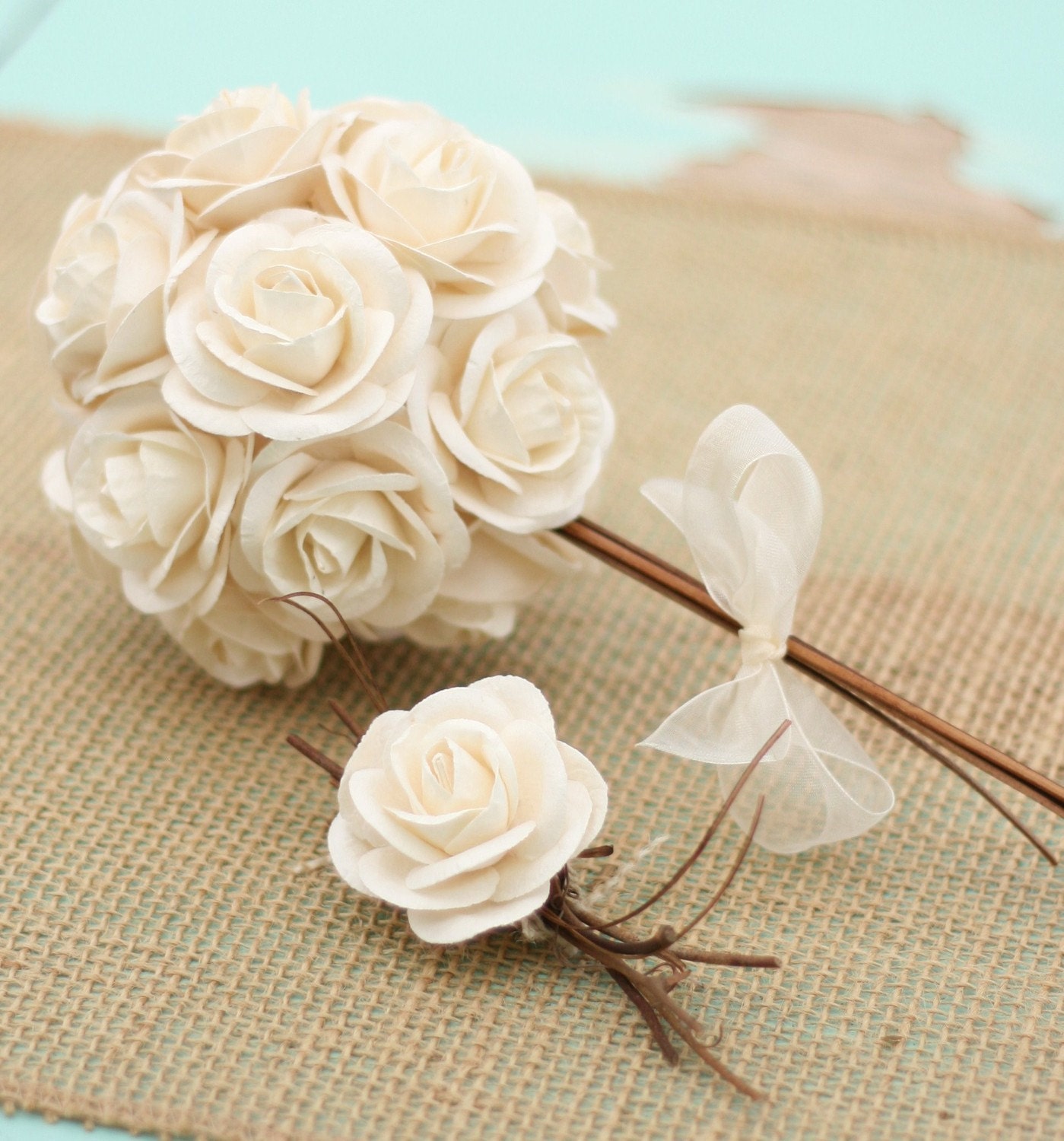 Woodland Ornate Paper Roses Bouquet and Bout Pin SET (item F10587)
