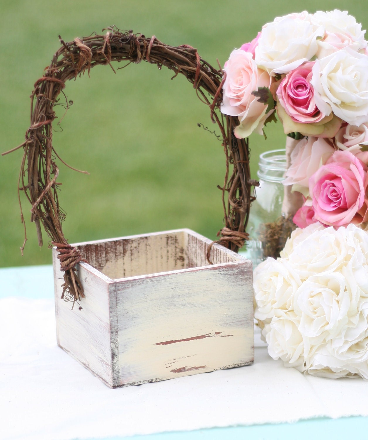 Custom Rustic Flower Girl Basket With Grapevine Handle