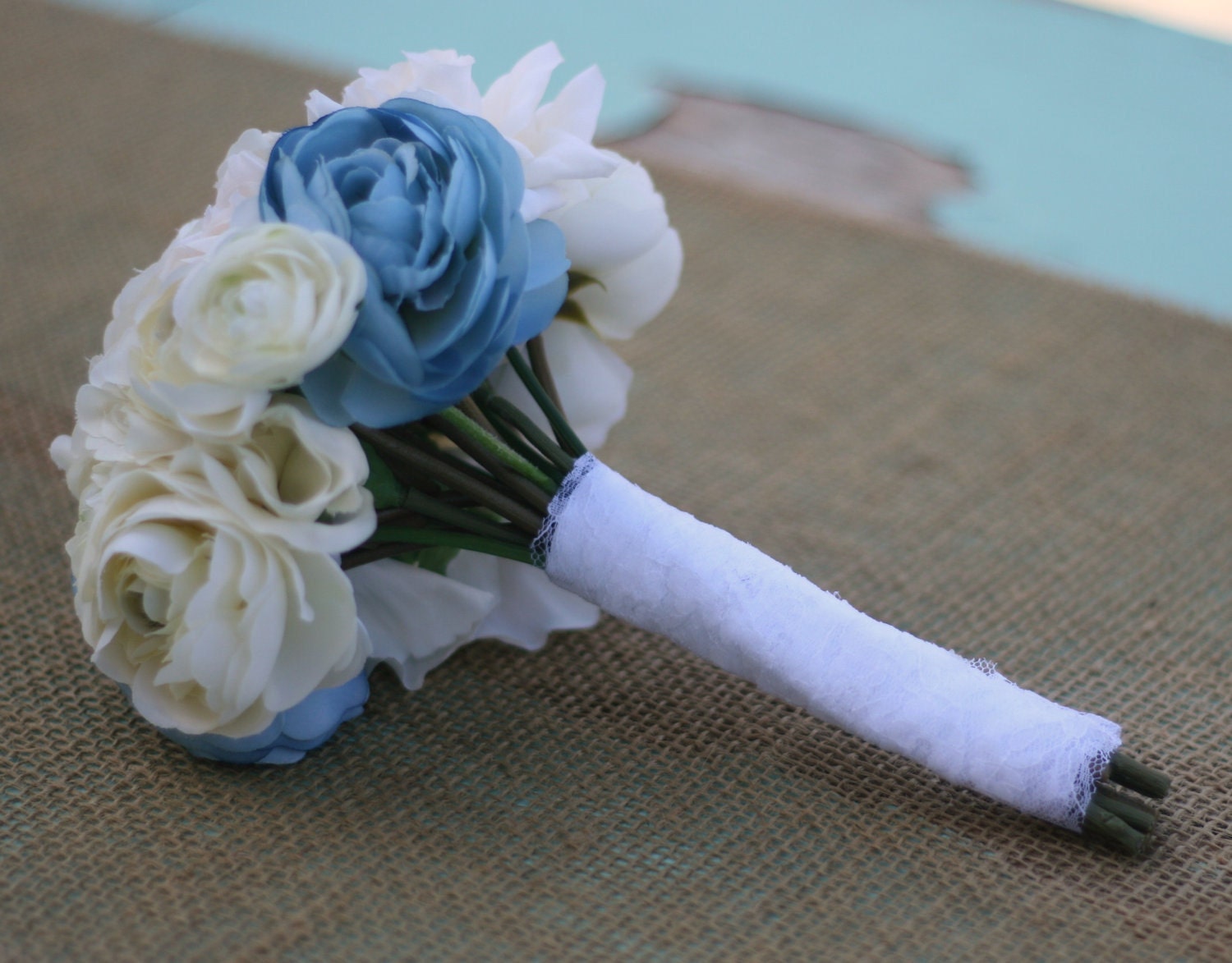 Shabby Vintage Chic Inspired Bride Bouquet Cream Ivory Dusty Blue Roses Ranunculus Wrapped In Lace Silk Arrangement Winter New Years Silver