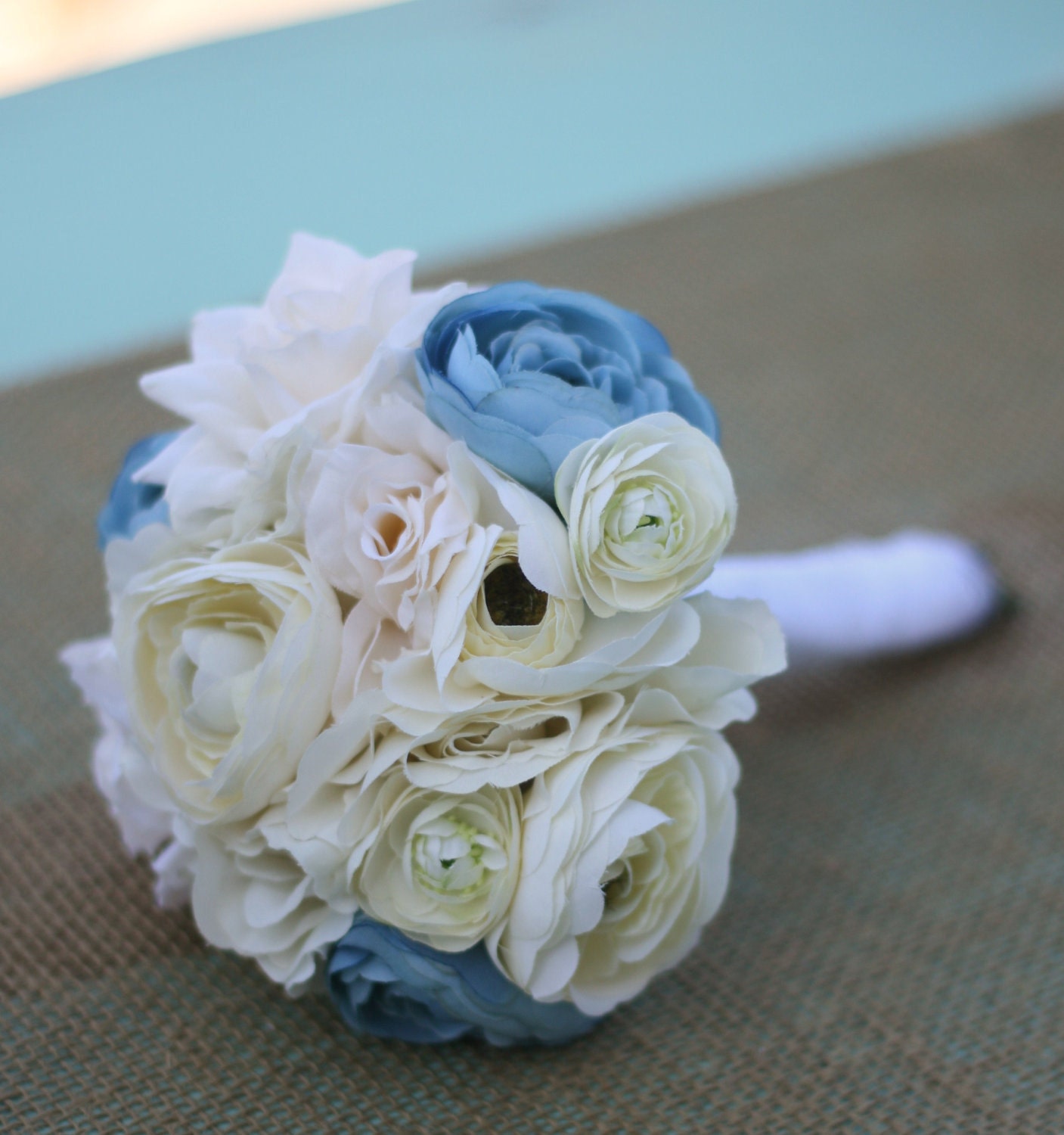 Shabby Vintage Chic Inspired Bride Bouquet Cream Ivory Dusty Blue Roses Ranunculus Wrapped In Lace Silk Arrangement Winter New Years Silver