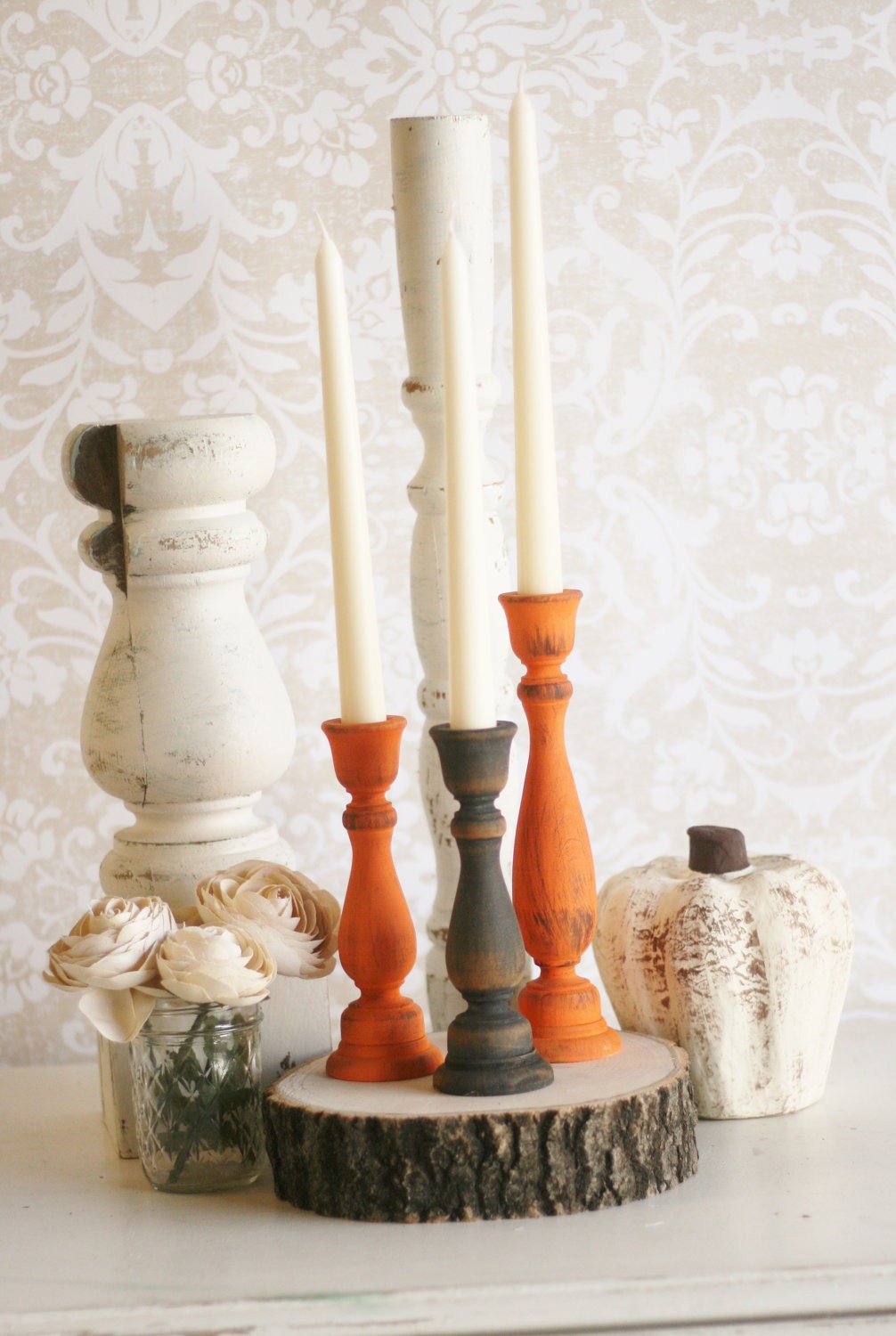 Thanksgiving Home Decor Fall Harvest Candle Stick Holders Rustic Chic Distressed Wood Set of 3