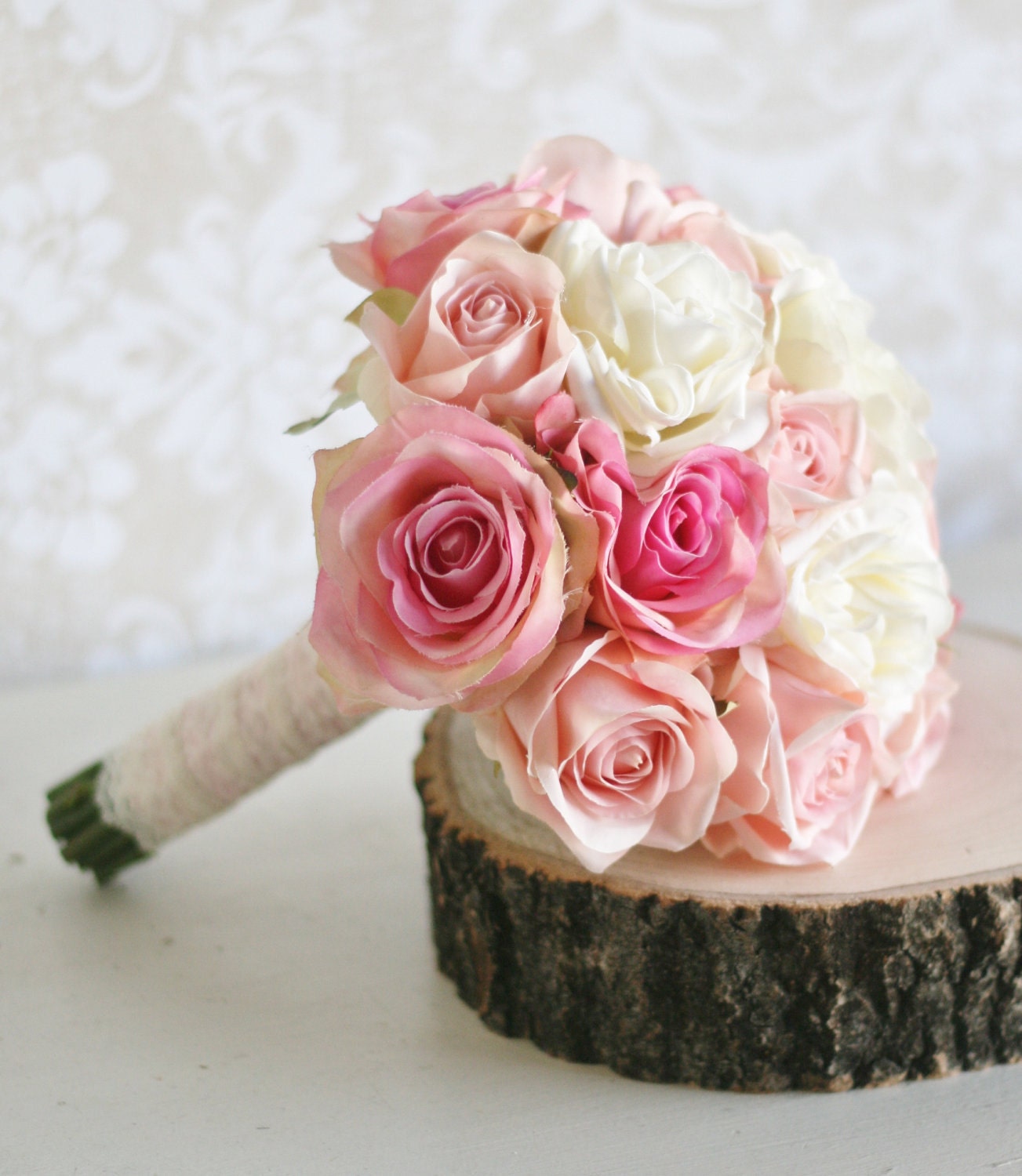 Silk Bride Bouquet Roses Lace Shabby Chic Wedding Arrangement