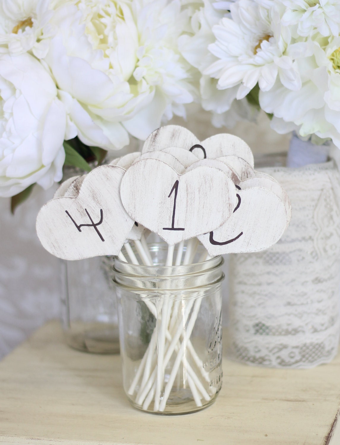 Shabby Chic Table Numbers Hearts On Sticks SET Of 15 (item P10224)