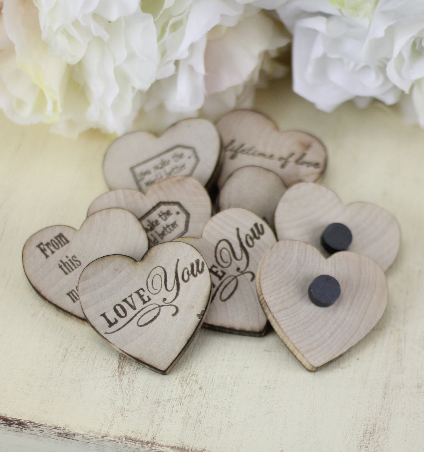 Rustic Wedding Favors Wood Heart Magnets Set of 50
