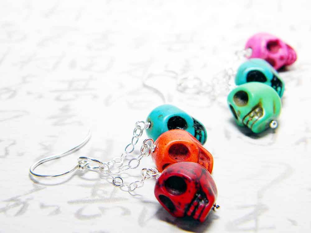 Sugar Skulls Earrings, Halloween, Day of the Dead, Multicolor Dyed Howlite Skull Beads, Sterling Silver French Hooks