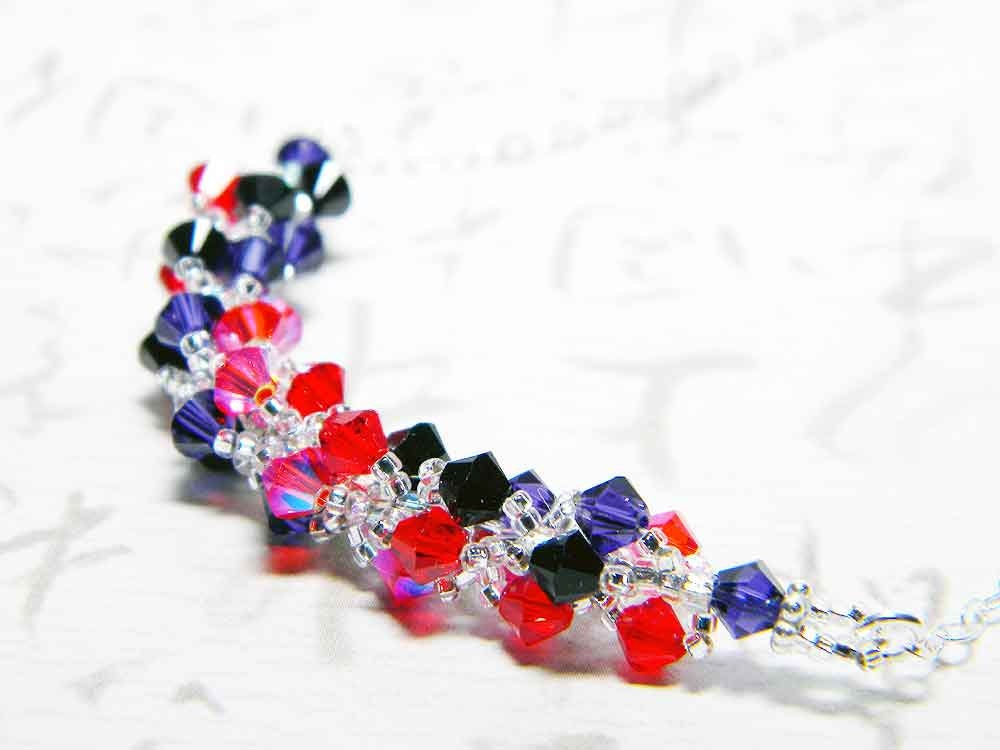 Red and Purple Swarovski Necklace Light Siam Ruby Hyacinth 2X AB Jet Purple Velvet Beadweaving Sterling Silver - "Manda's Twist"