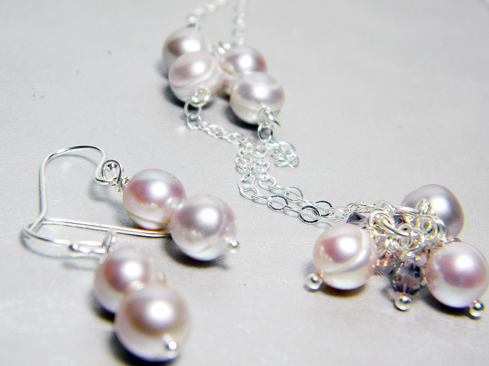 Pink Blush Freshwater Pearl Necklace and Earrings Set Swarovski Crystal Sterling Silver - "Pink Champagne Toast"
