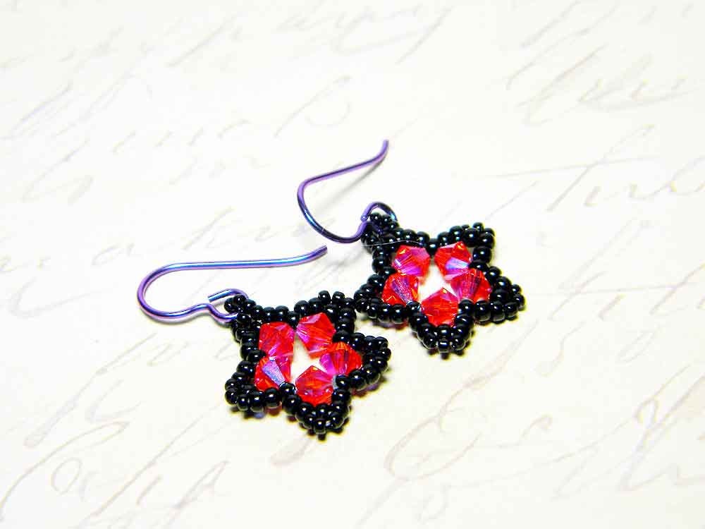 Hyacinth Orange 2X AB Hot Pink Piano Black Star Earrings Beadweaving Purple Niobium - "Punk Rock Star"