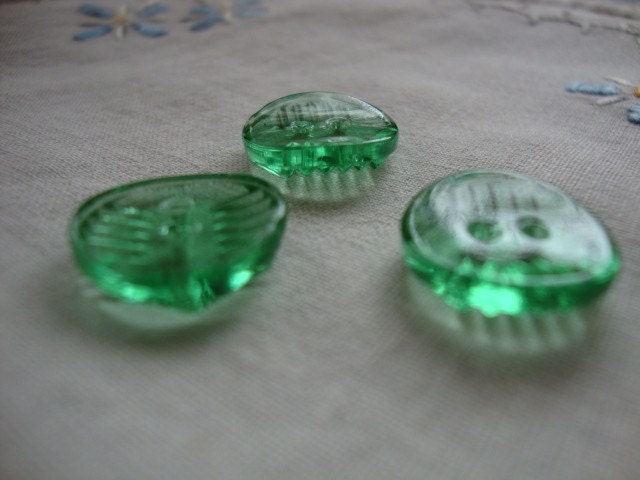 Vintage Small Green Glass Buttons - Set of Three with Ridges