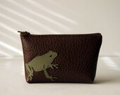 frog mini clutch : "frog went a courtin" - green on chocolate brown pleather