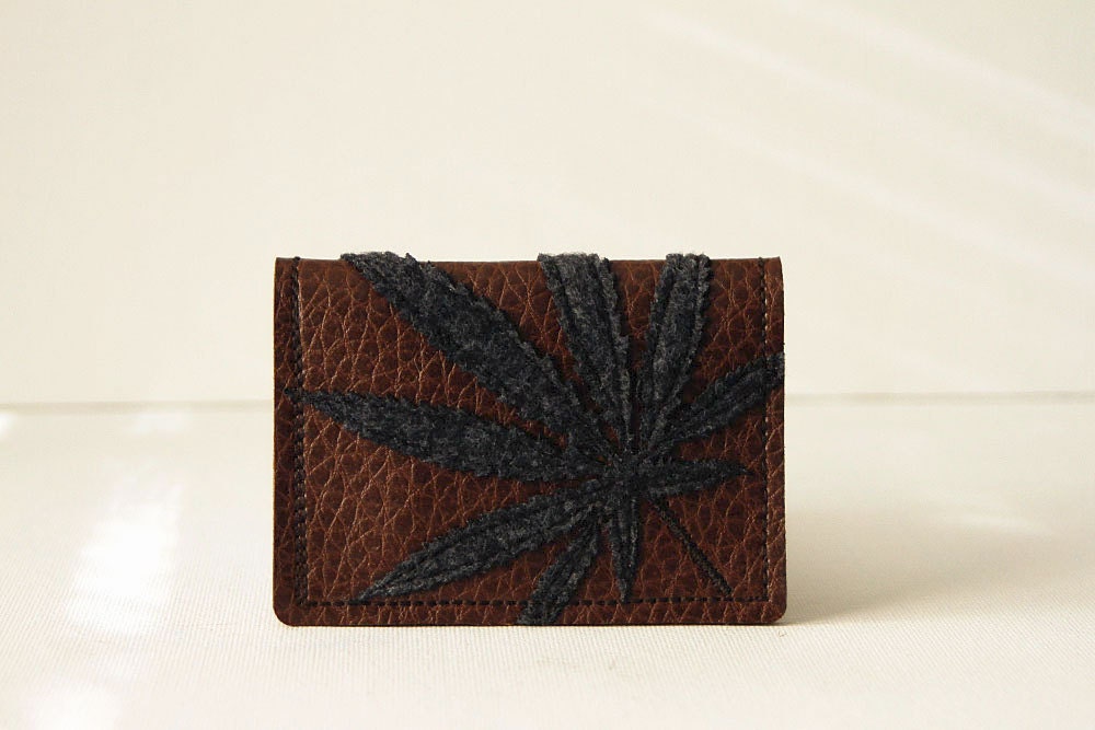 men's pot leaf wallet / card case : charcoal grey on brown vegan leather - "half baked"