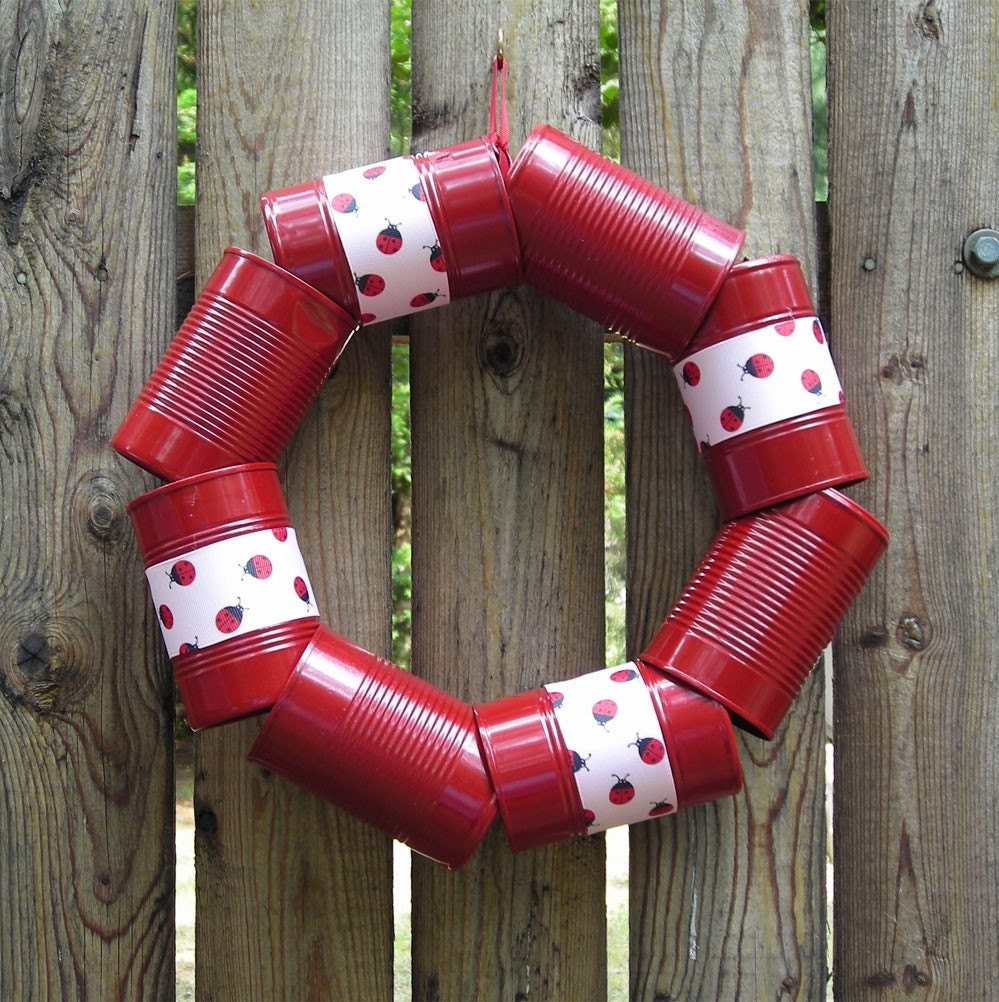 Cantastic Red Wreath made from Recycled Cans and Pink Lady Bug Ribbon