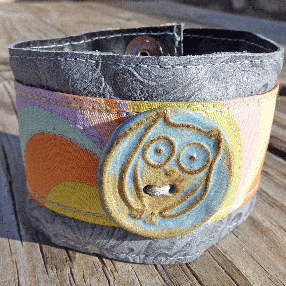 Archimedes Is Feelin Groovy Leather and Fabric Cuff with Stoneware Button