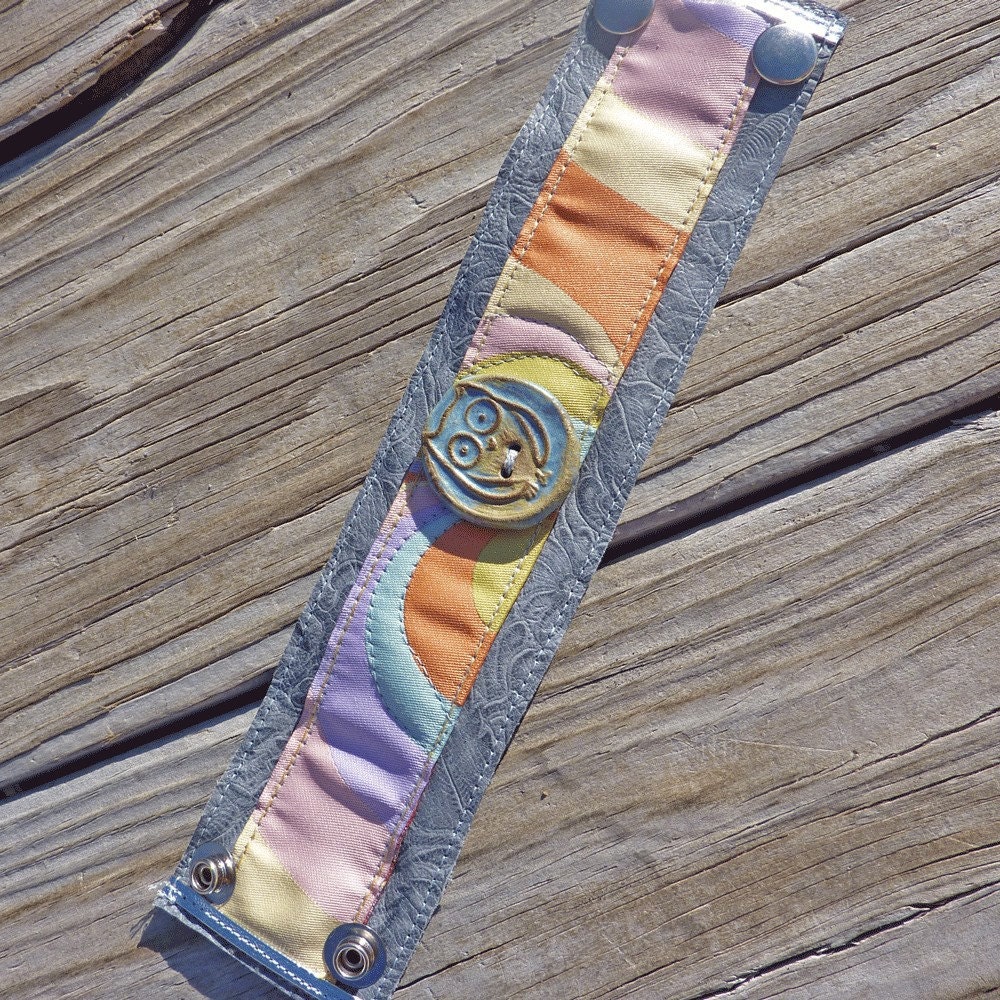 Archimedes Is Feelin Groovy Leather and Fabric Cuff with Stoneware Button