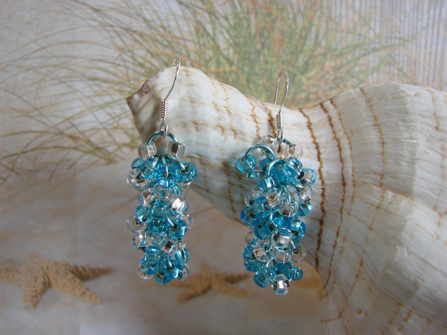 Donia's N2Beadz... Chainmaille with Blue and Silver Seed Beads Sterling Silver Earrings