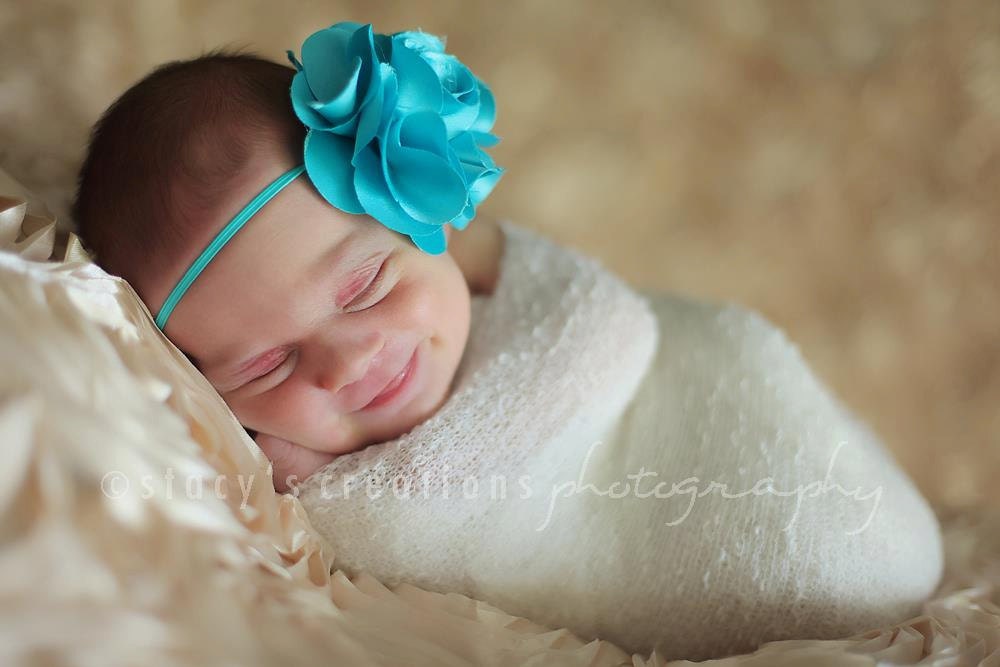 Baby Headband - Infant Headband - Newborn Headband - Toddler Headband - Turquoise puff flower skinny headband - photo prop