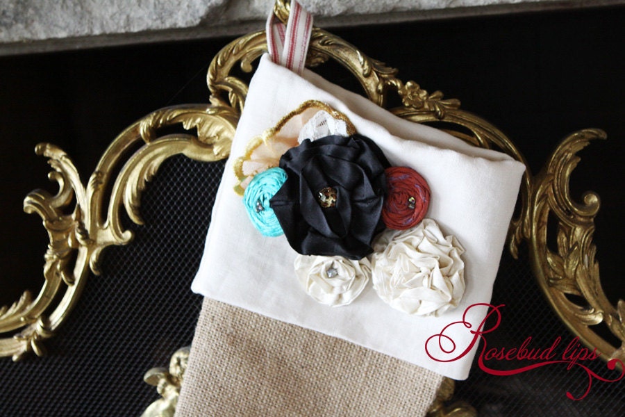 Burlap Country French Christmas Stocking- Linen Cuff with Silk Flowers