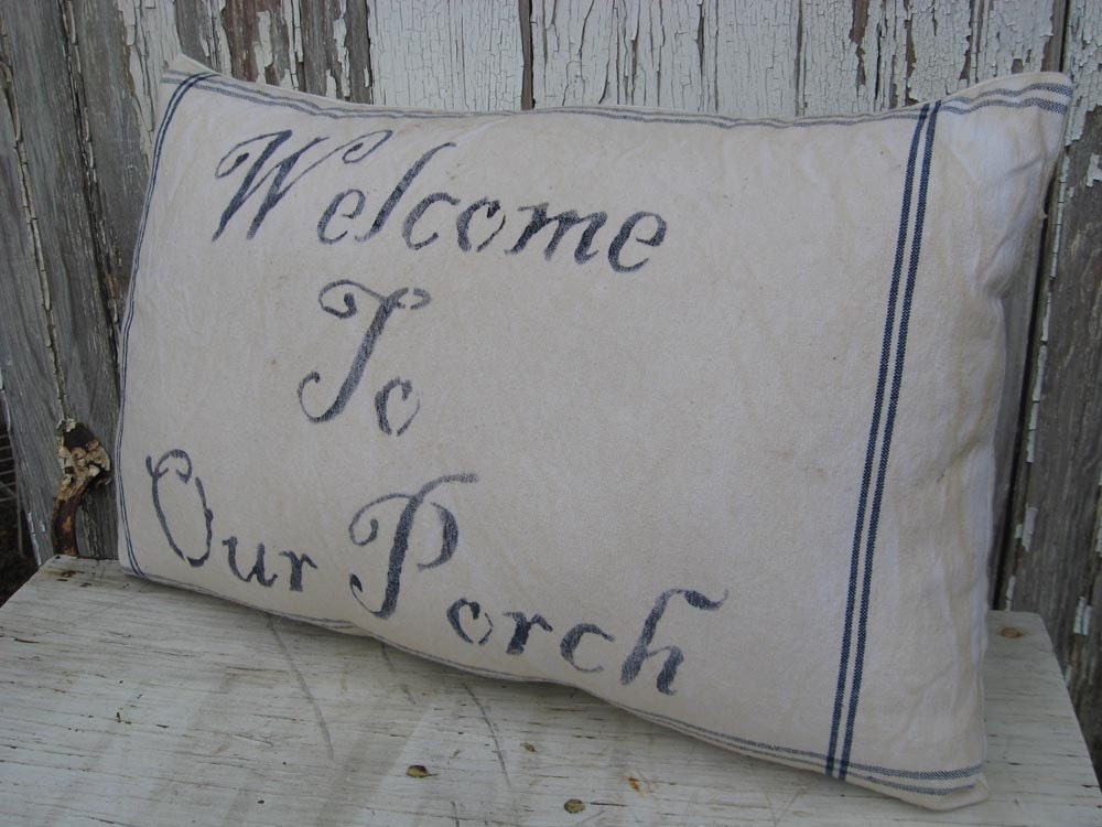Handmade Porch Swing Pillow....Welcome to Our Porch...Treasury Item...in BLUE